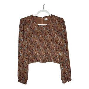 Aritiza Wilfred Top Womens 2X Smocked‎ Chiffon Floral Cottagecore Puff Sleeves